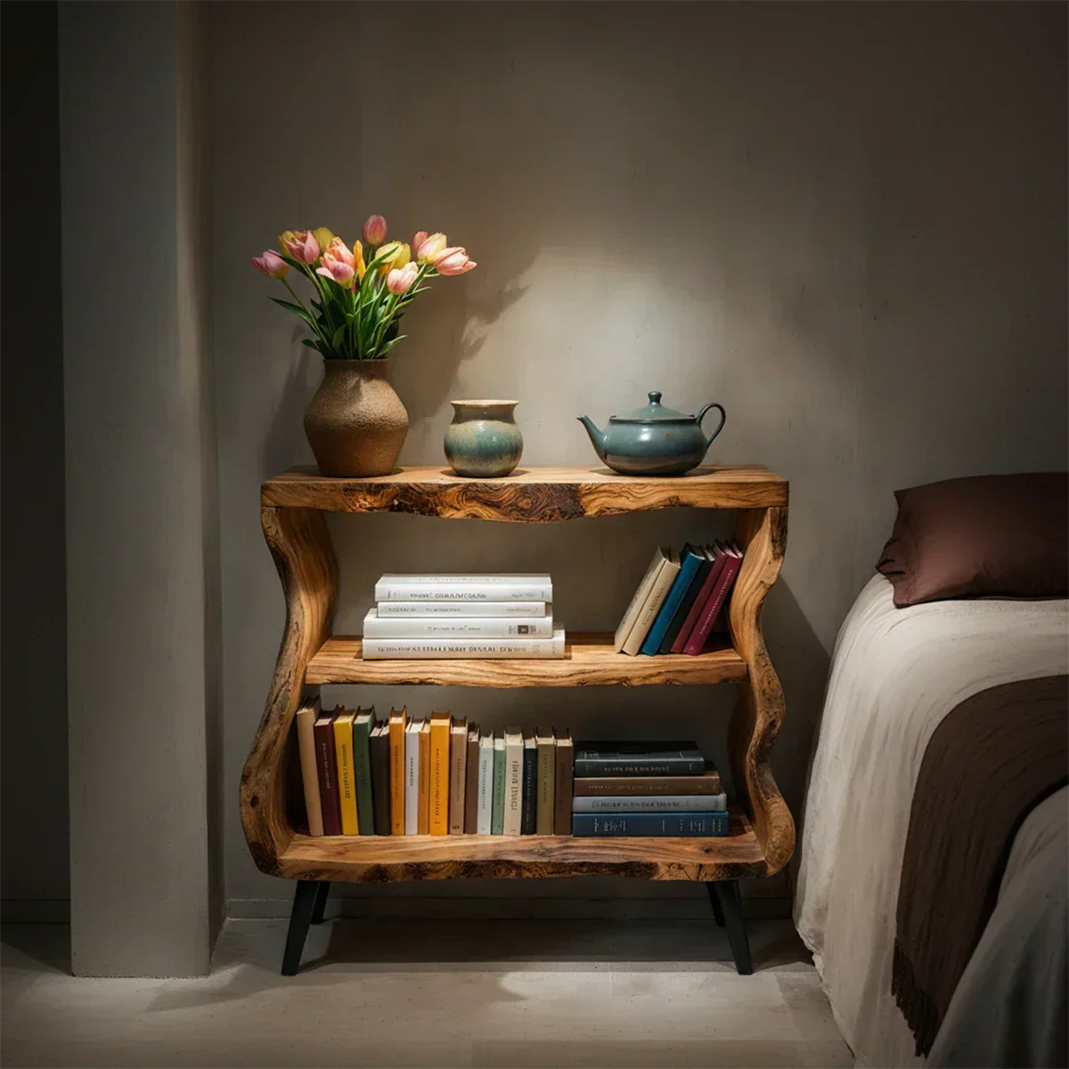 Solid Wood Nightstand – Curved Bookshelf Design - Rustiracraft