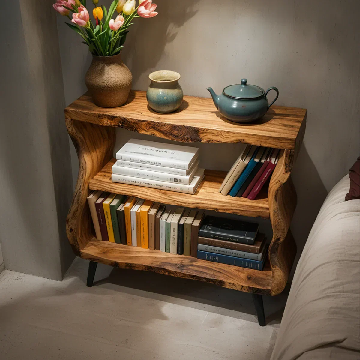 Solid Wood Nightstand – Curved Bookshelf Design - Rustiracraft