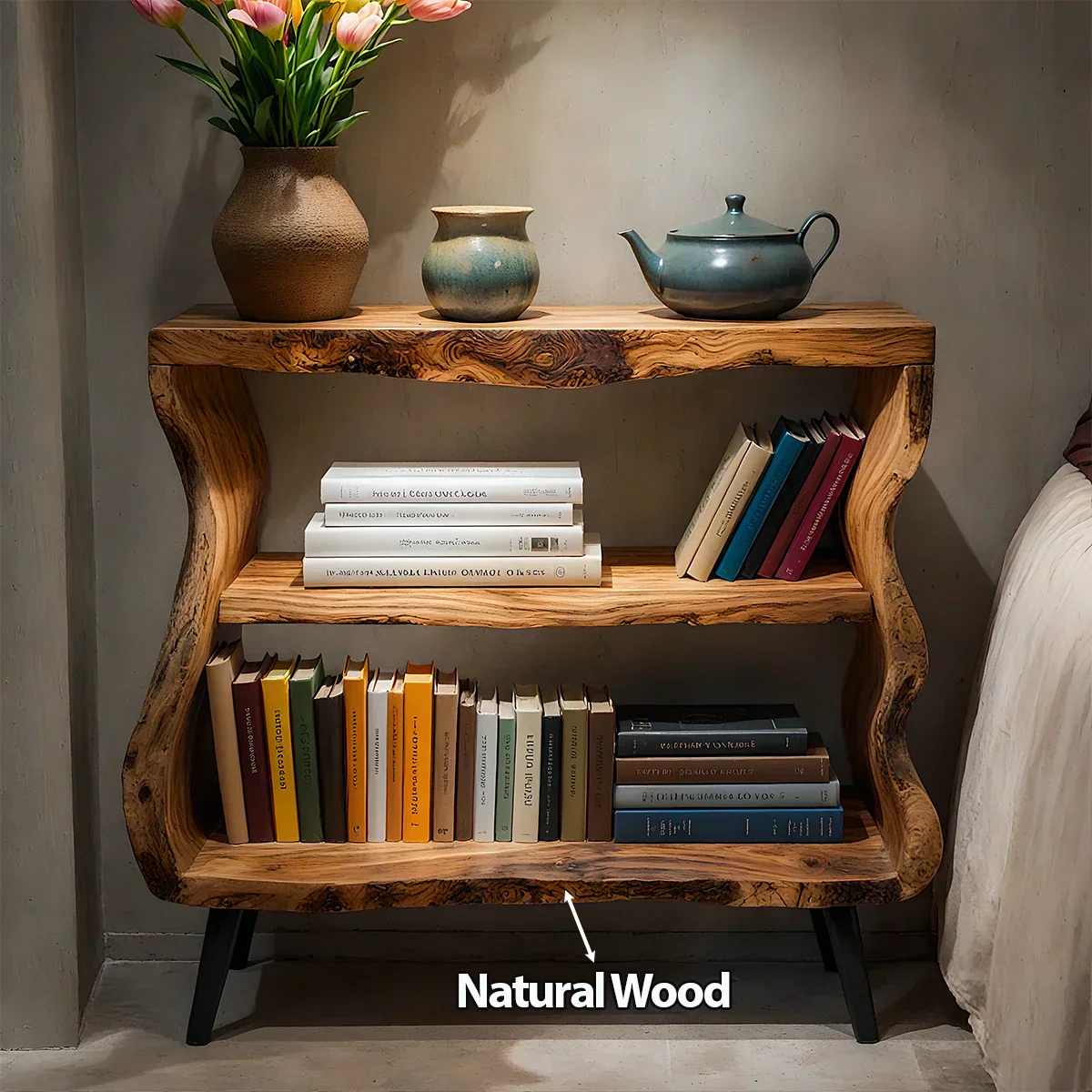 Solid Wood Nightstand – Curved Bookshelf Design - Rustiracraft