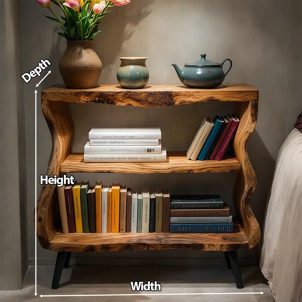 Solid Wood Nightstand – Curved Bookshelf Design - Rustiracraft