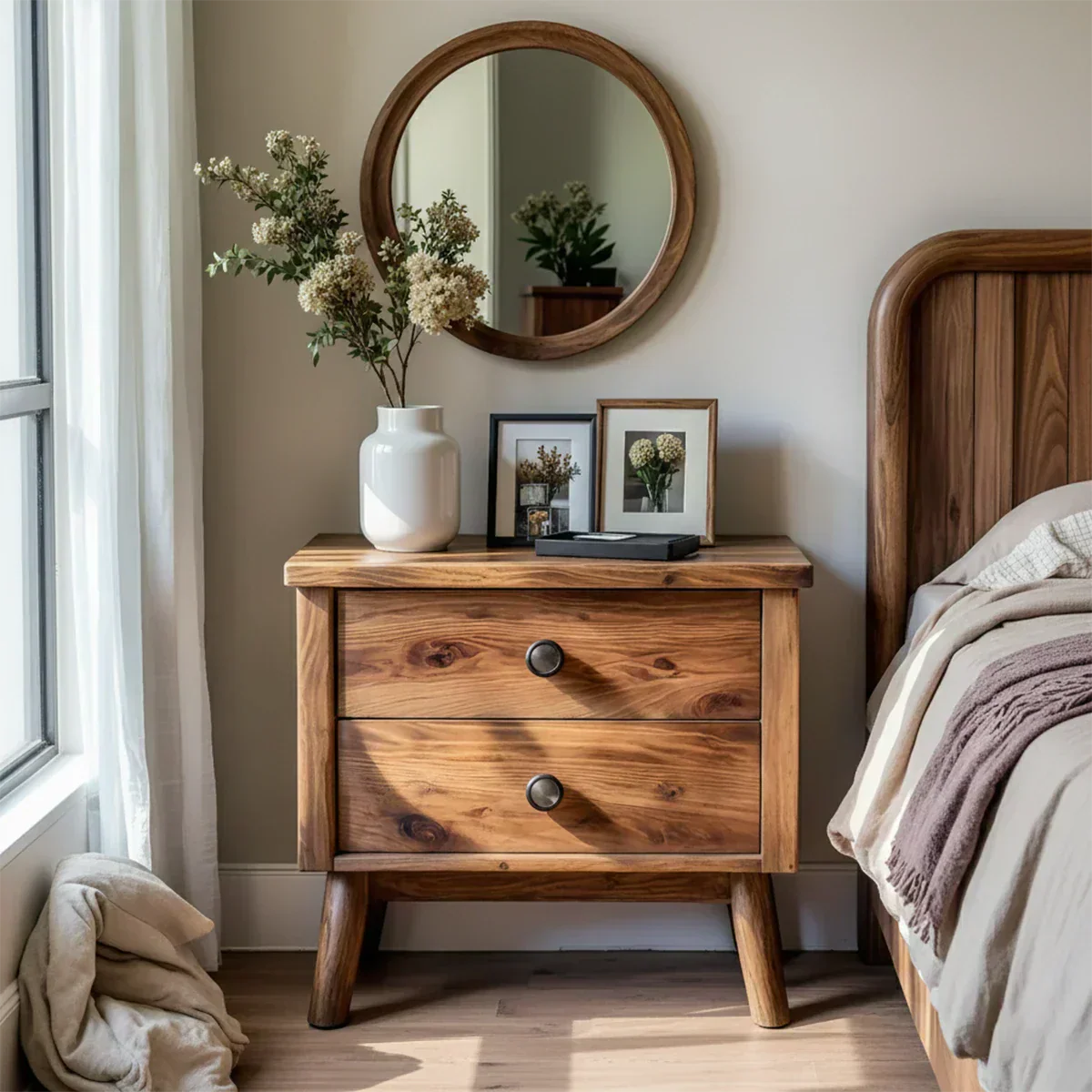 Solid Wood Scandinavian Nightstand – Two-Drawer Minimalist Design - Rustiracraft