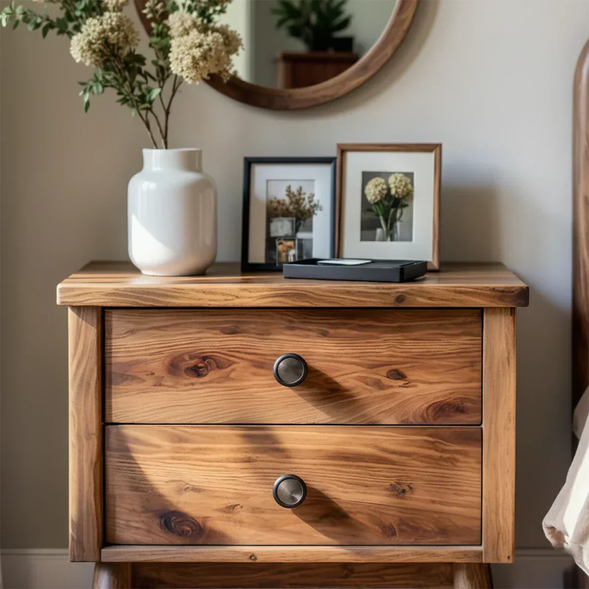 Solid Wood Scandinavian Nightstand – Two-Drawer Minimalist Design - Rustiracraft