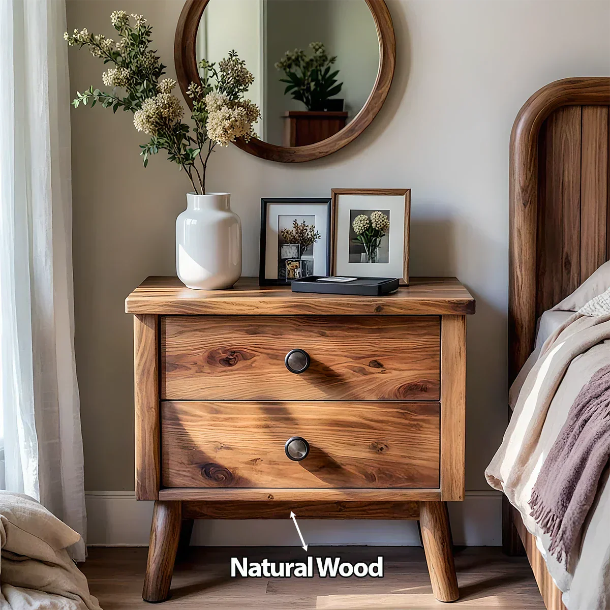 Solid Wood Scandinavian Nightstand – Two-Drawer Minimalist Design - Rustiracraft