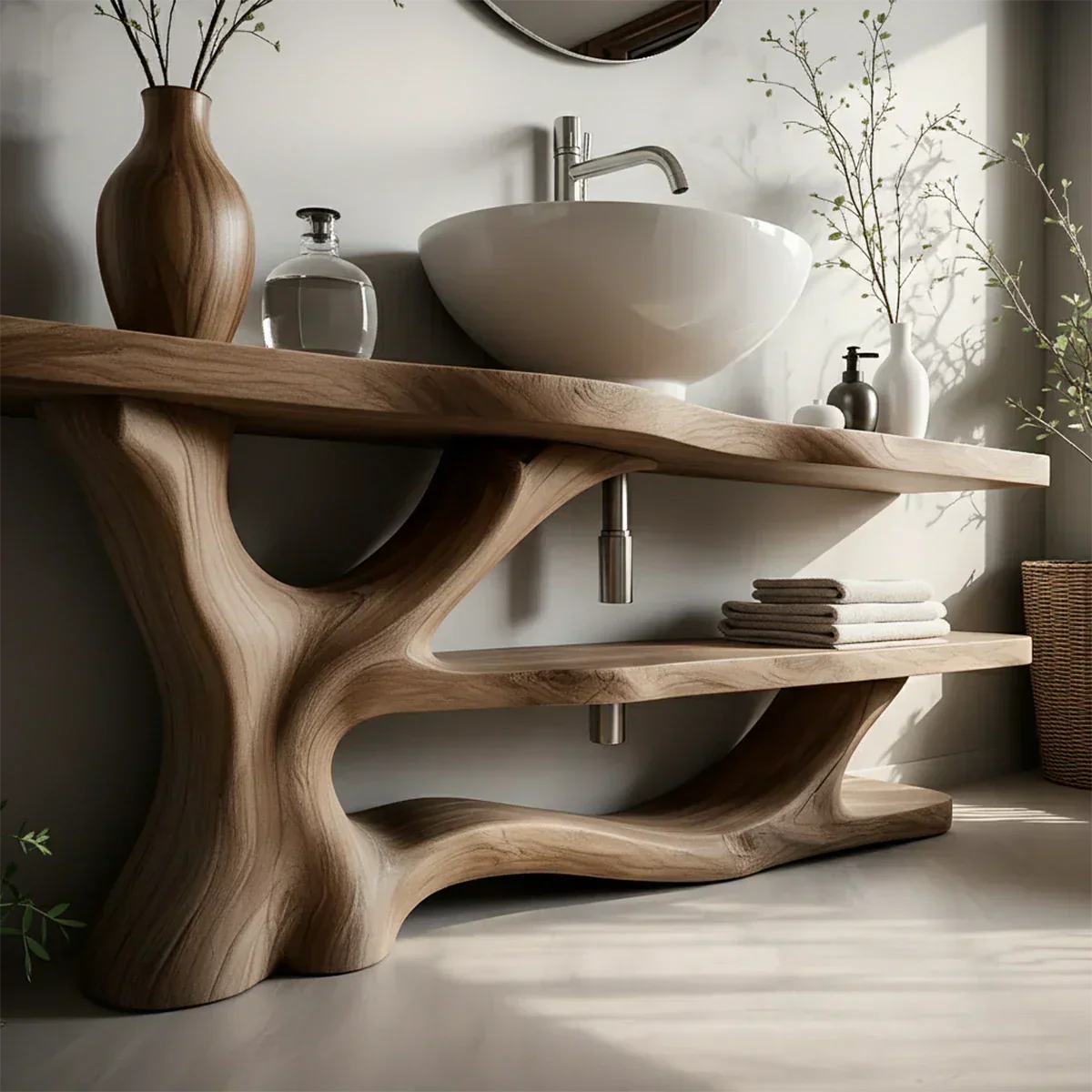 Solid Wood Sculptural Bathroom Vanity with Dual Shelves - Rustiracraft