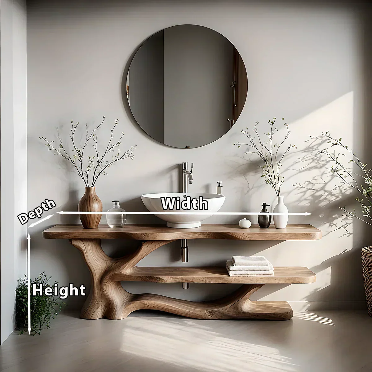 Solid Wood Sculptural Bathroom Vanity with Dual Shelves - Rustiracraft