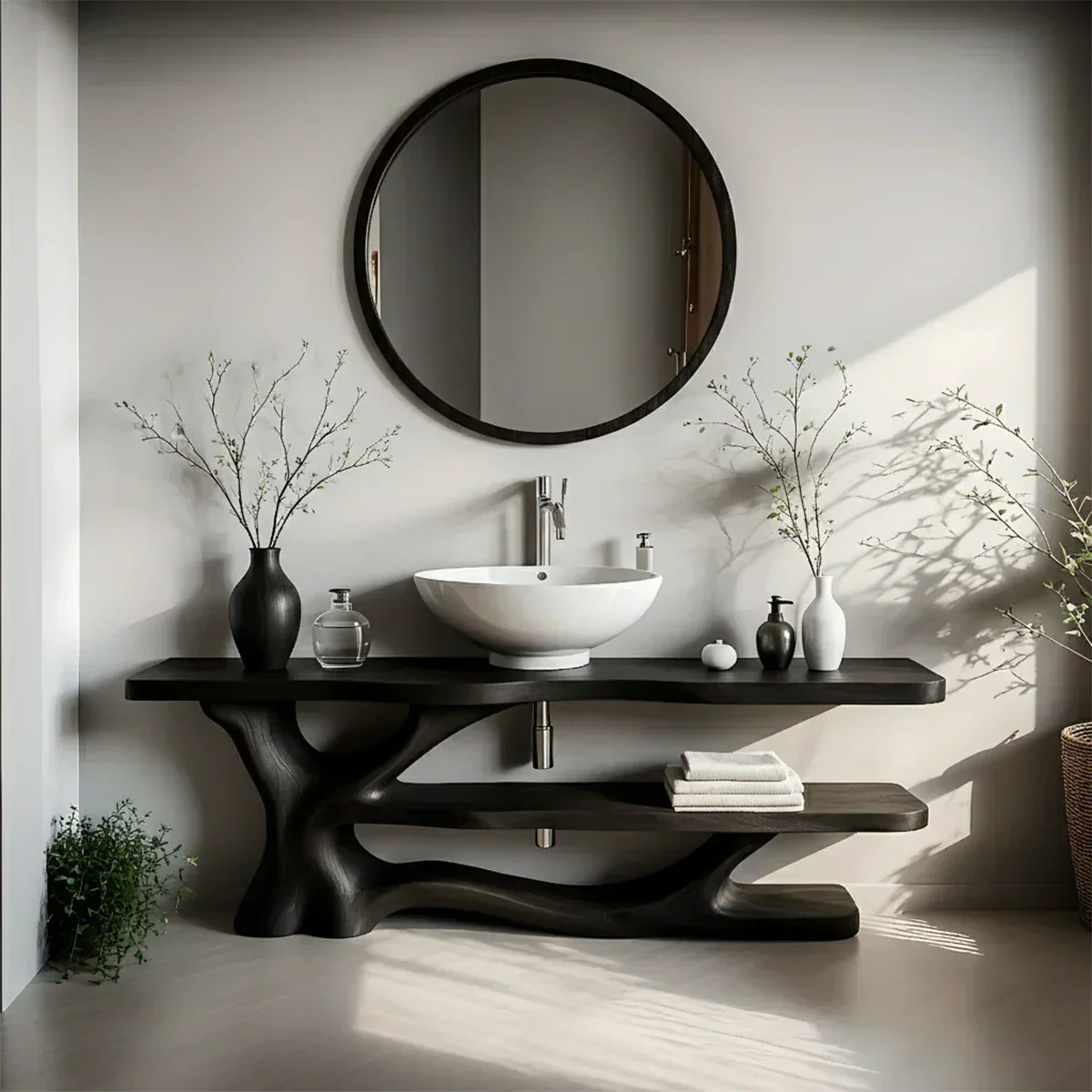 Solid Wood Sculptural Bathroom Vanity with Dual Shelves - Rustiracraft