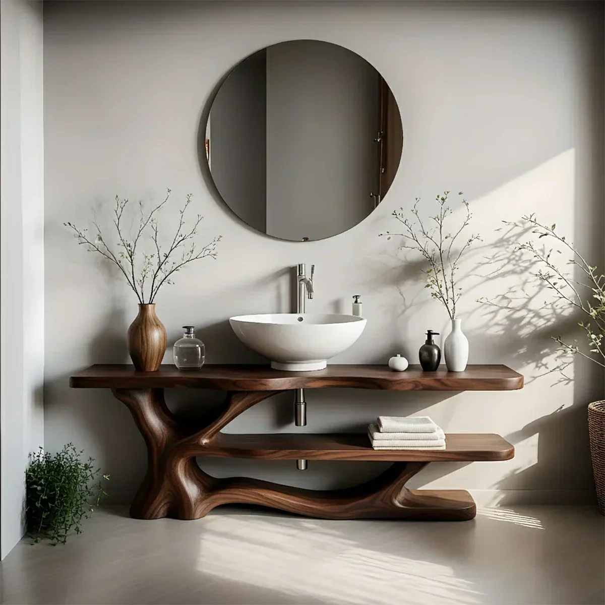 Solid Wood Sculptural Bathroom Vanity with Dual Shelves - Rustiracraft