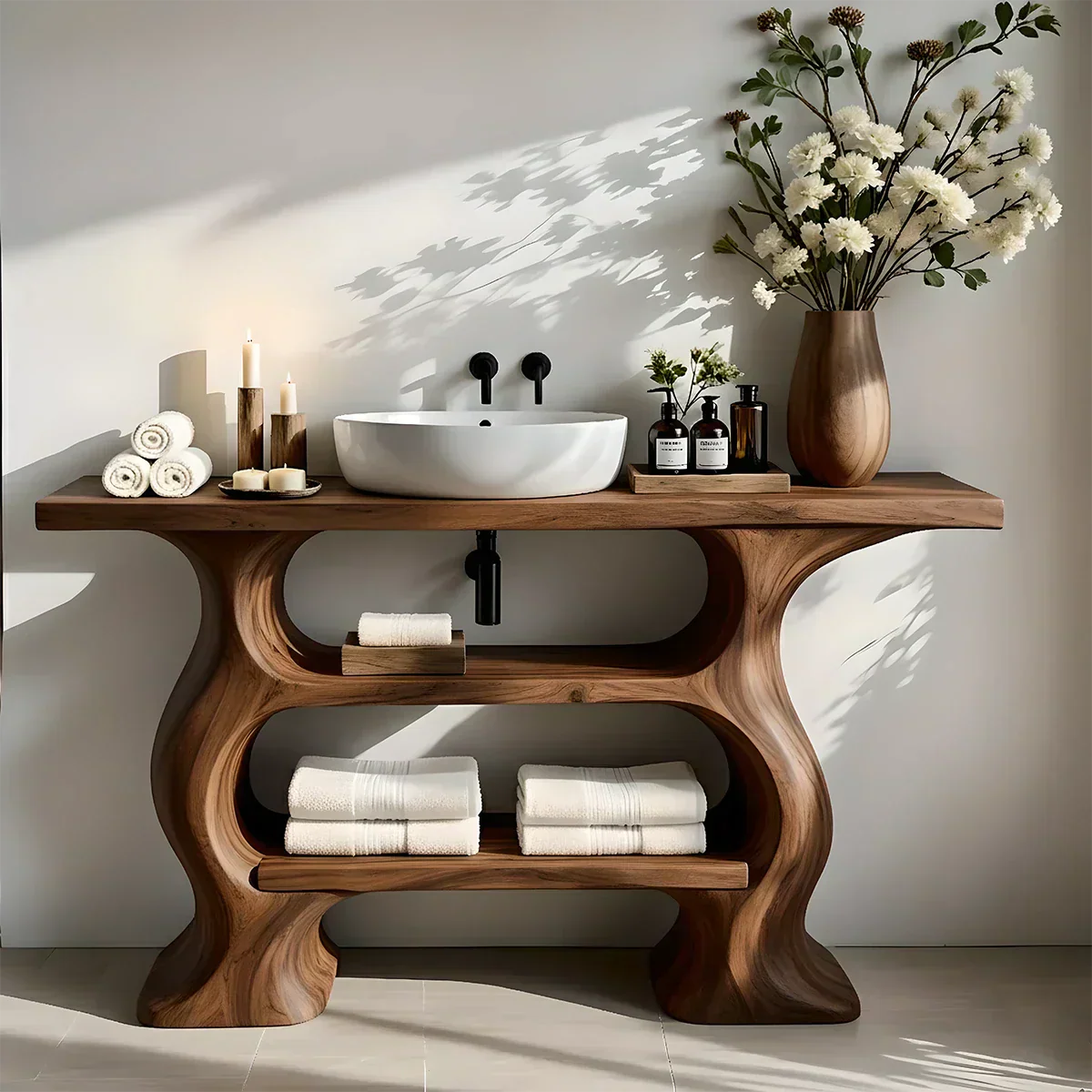 Solid Wood Sculptural Bathroom Vanity with Dual Storage Shelves - Rustiracraft