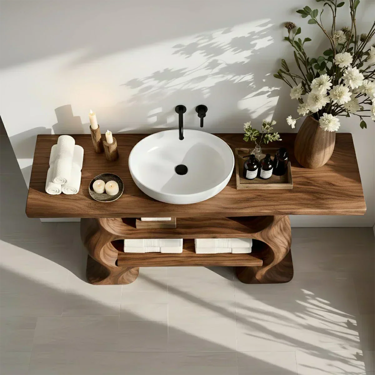 Solid Wood Sculptural Bathroom Vanity with Dual Storage Shelves - Rustiracraft