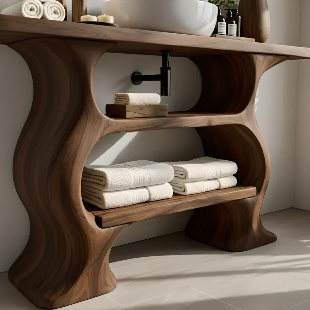 Solid Wood Sculptural Bathroom Vanity with Dual Storage Shelves - Rustiracraft