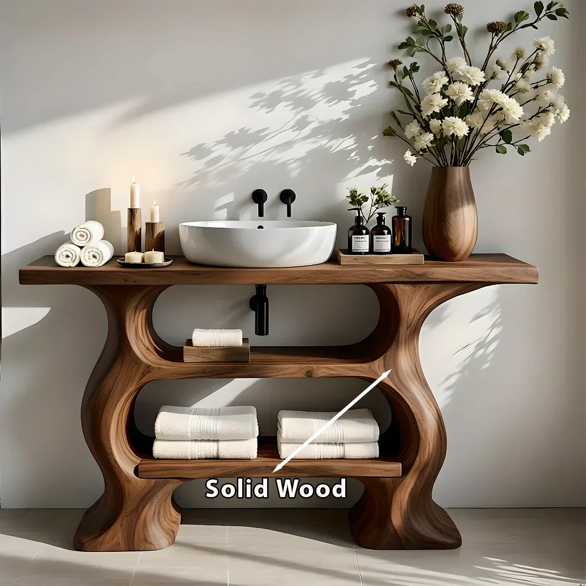 Solid Wood Sculptural Bathroom Vanity with Dual Storage Shelves - Rustiracraft