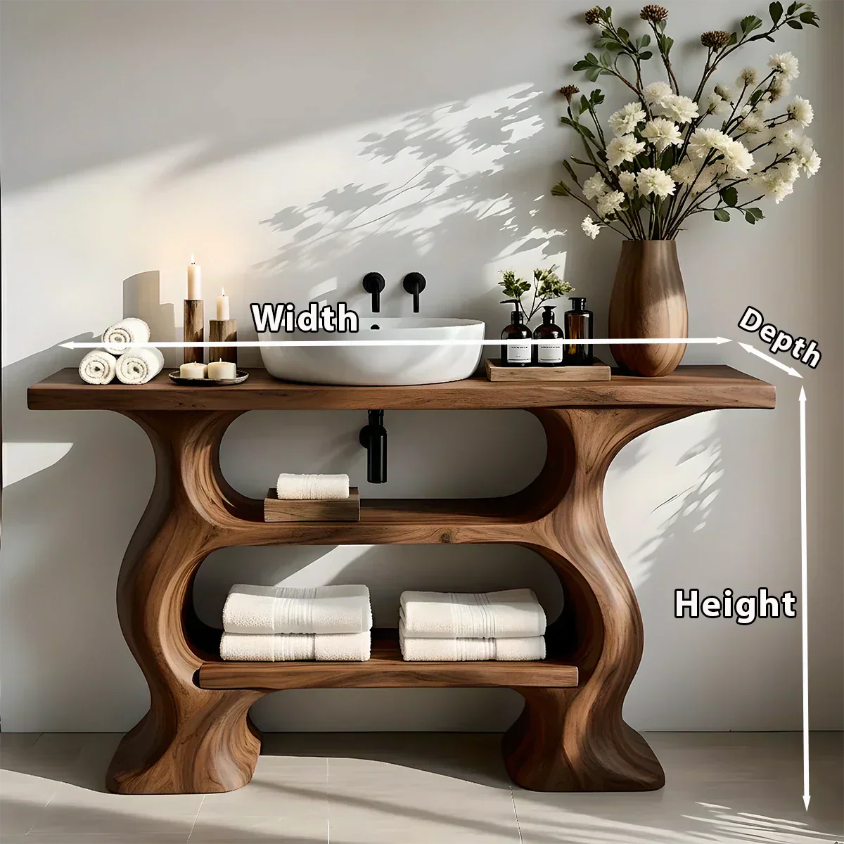 Solid Wood Sculptural Bathroom Vanity with Dual Storage Shelves - Rustiracraft