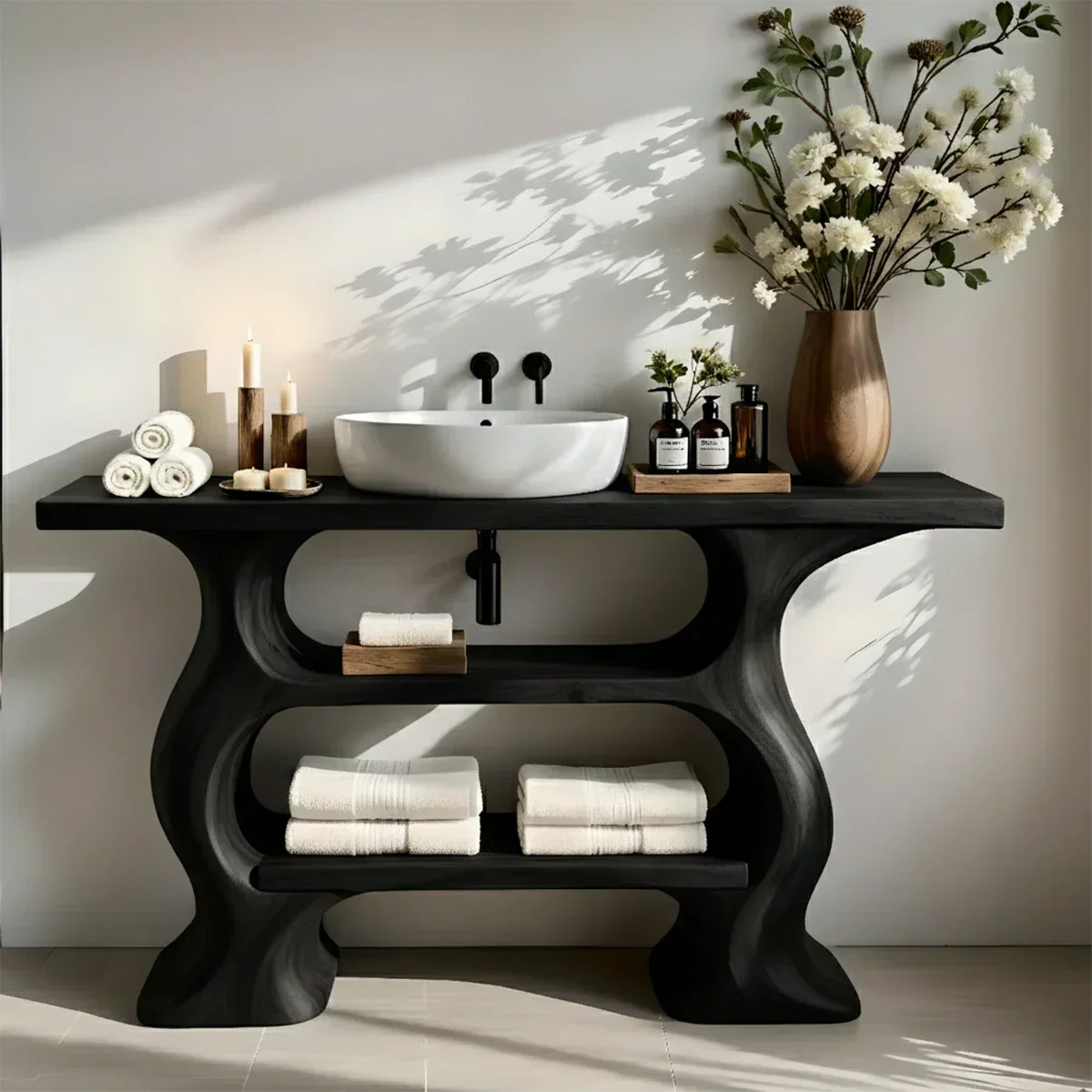 Solid Wood Sculptural Bathroom Vanity with Dual Storage Shelves - Rustiracraft