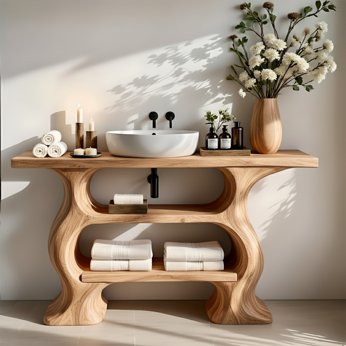 Solid Wood Sculptural Bathroom Vanity with Dual Storage Shelves - Rustiracraft