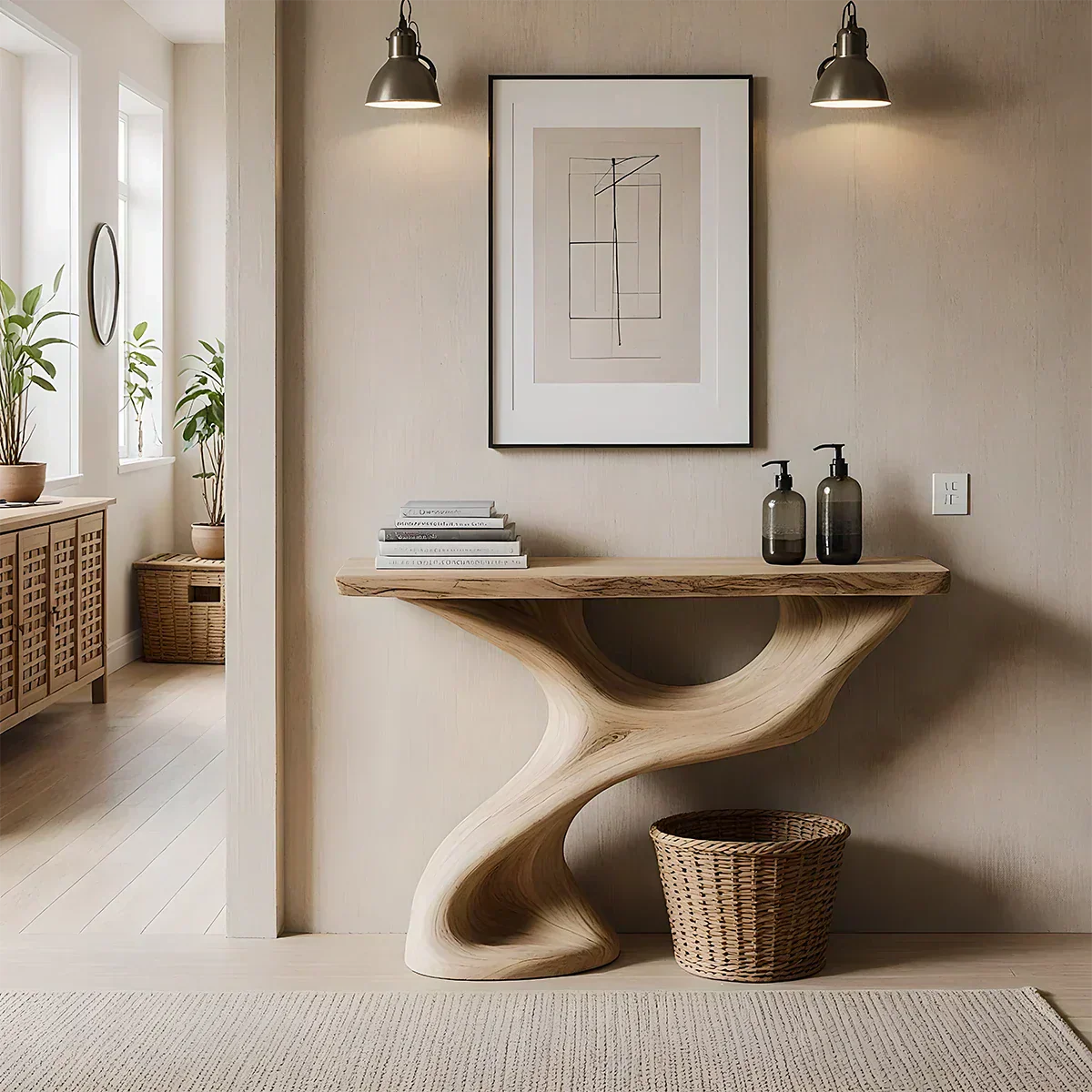 Solid Wood Sculptural Console Table – Organic Flow Form - Rustiracraft