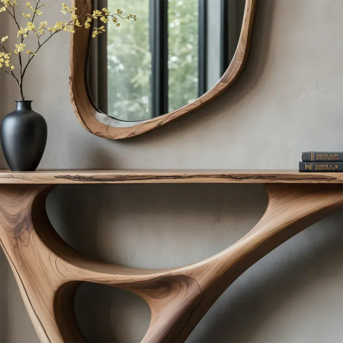 Solid Wood Sculptural Console Table with Fluid Carved Base - Rustiracraft