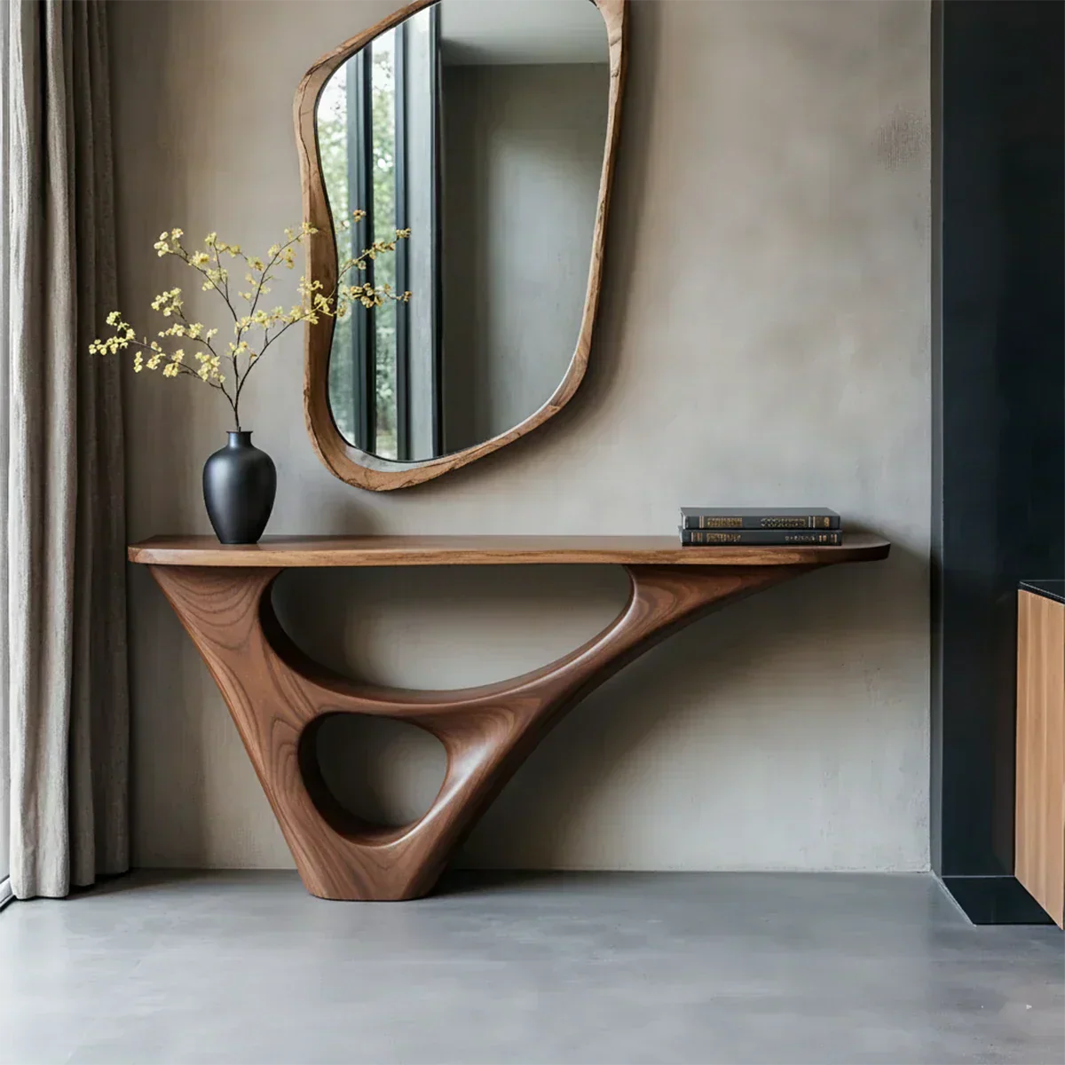 Solid Wood Sculptural Console Table with Fluid Carved Base - Rustiracraft