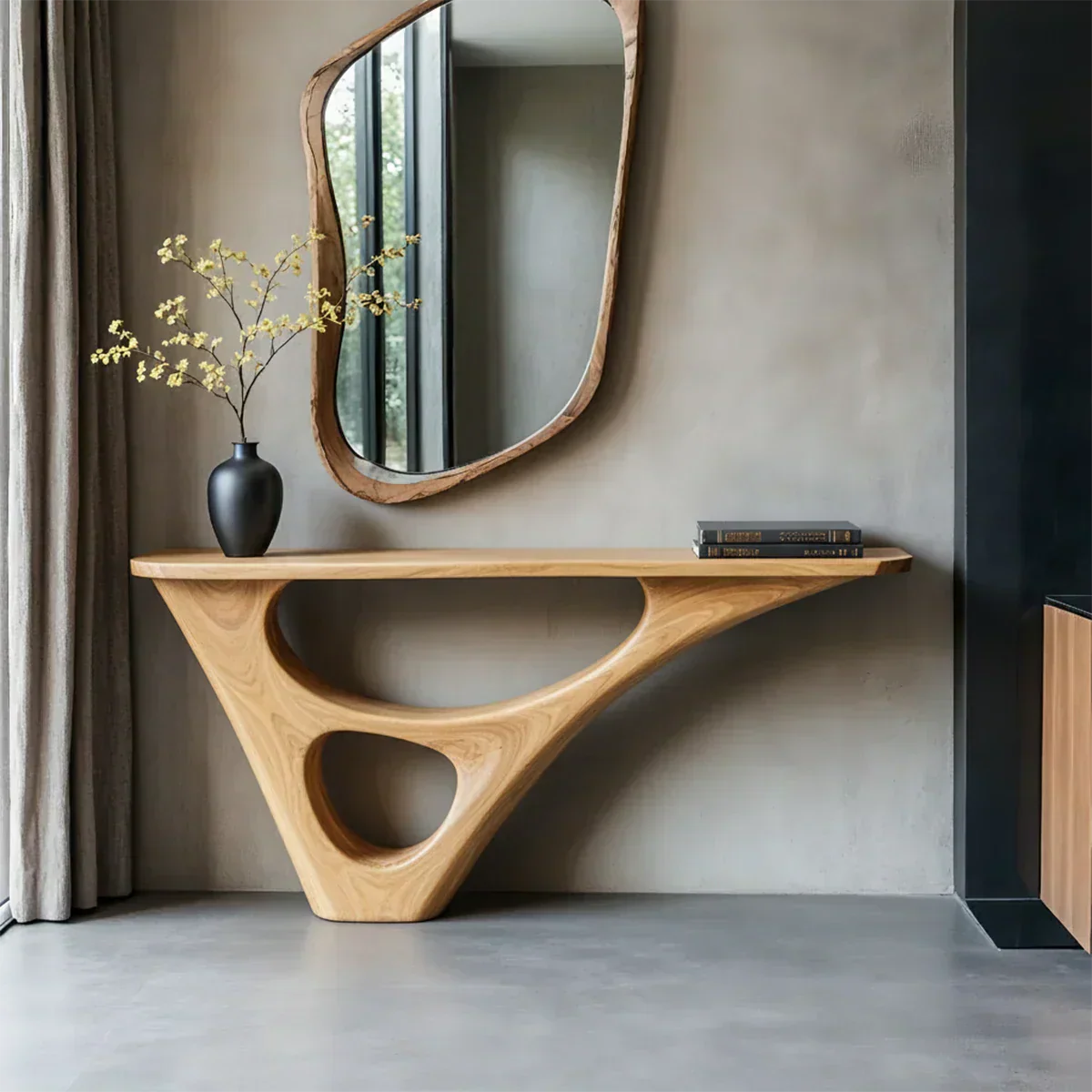 Solid Wood Sculptural Console Table with Fluid Carved Base - Rustiracraft