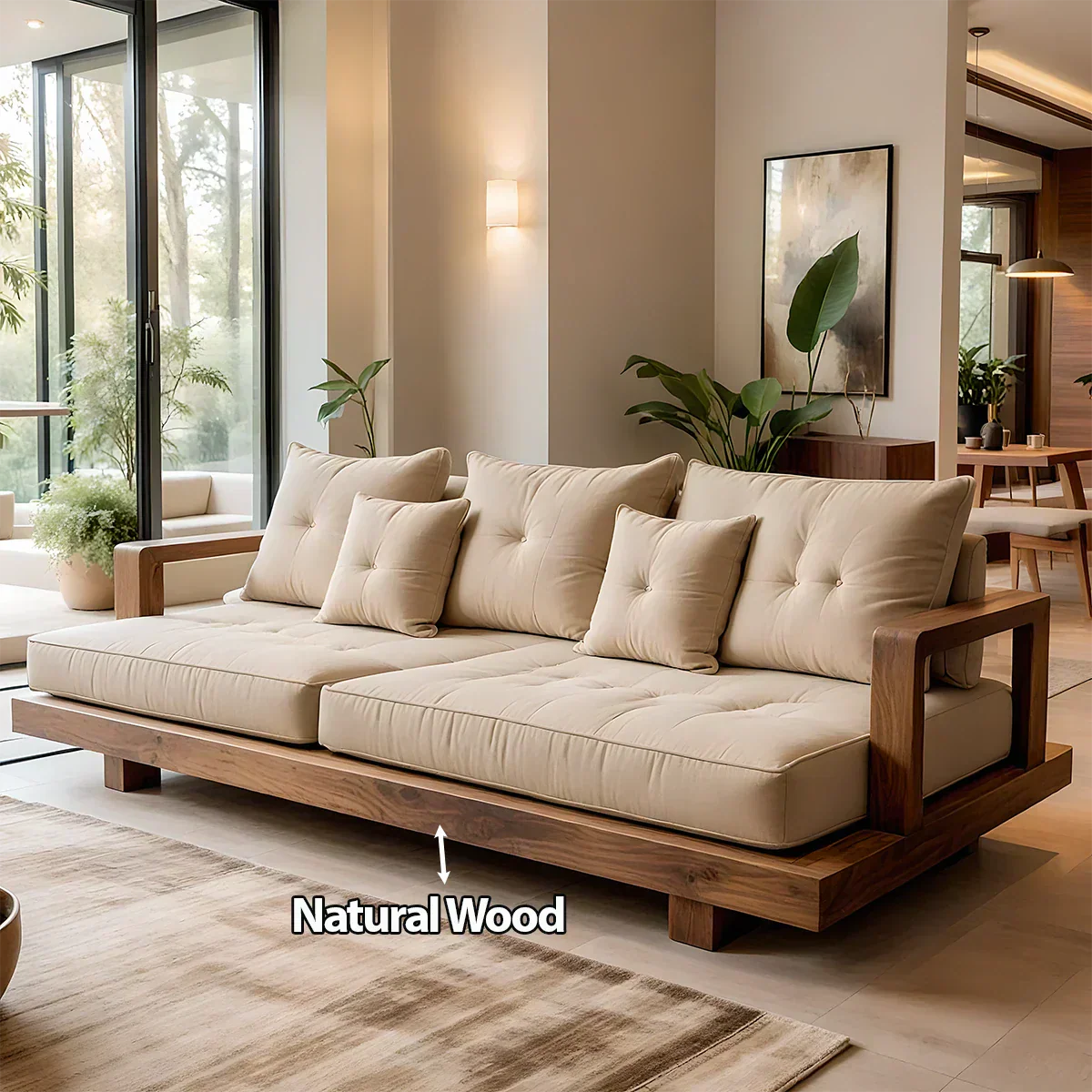 Solid Wood Sofa – Japandi Cotton Plush Serenity - Rustiracraft