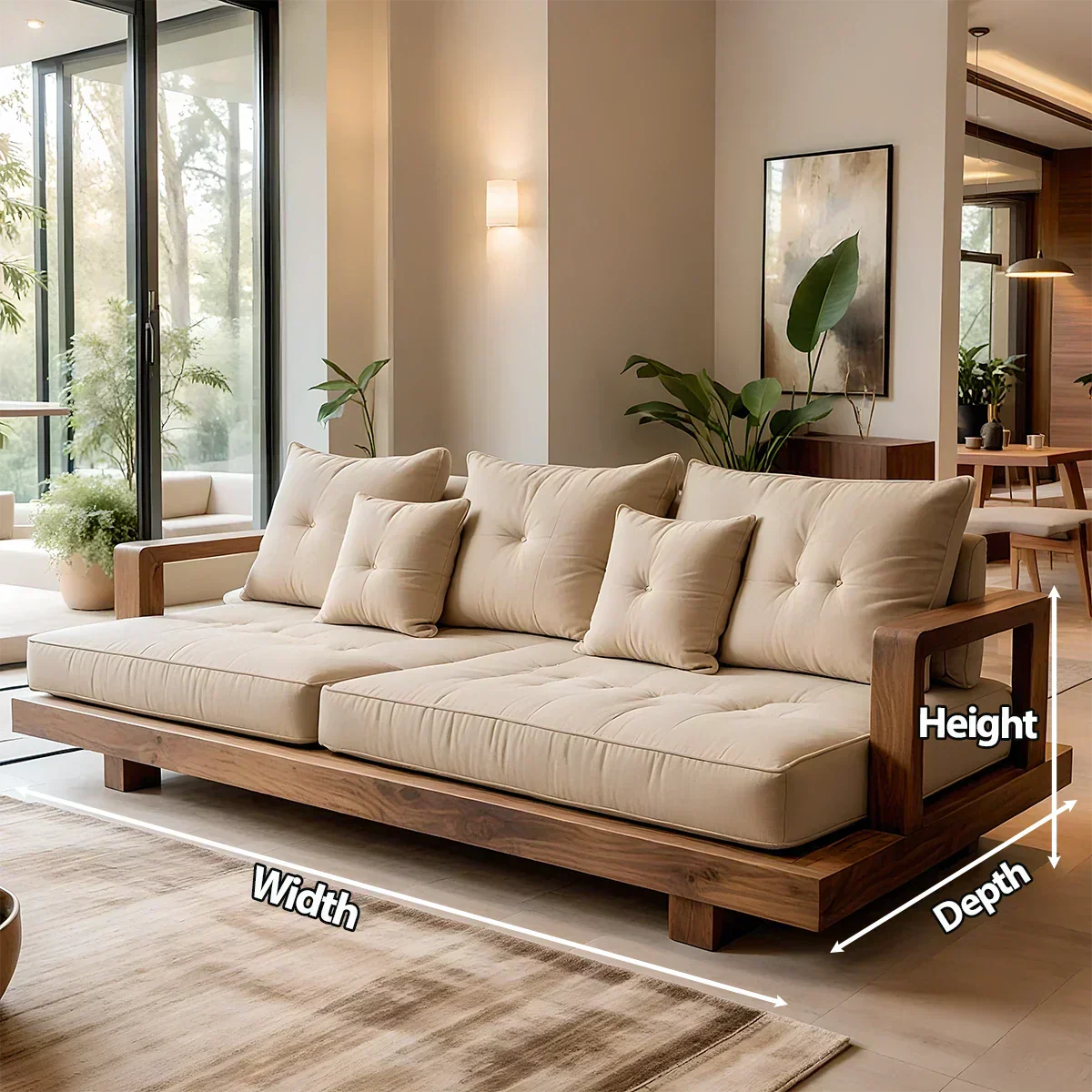 Solid Wood Sofa – Japandi Cotton Plush Serenity - Rustiracraft