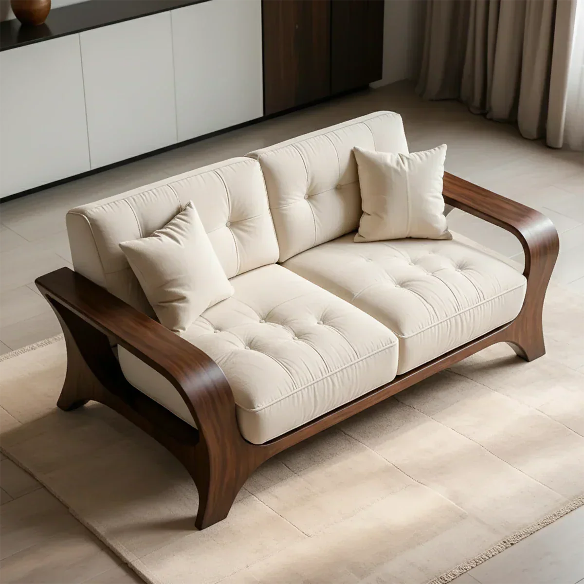 Solid Wood Sofa – Mid Century Curved Elegance Reborn - Rustiracraft