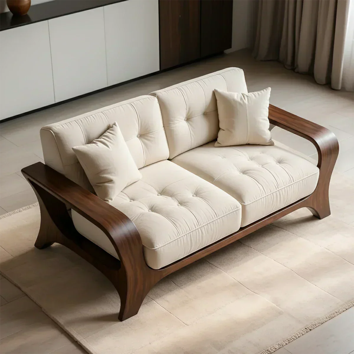 Solid Wood Sofa – Mid Century Curved Elegance Reborn - Rustiracraft