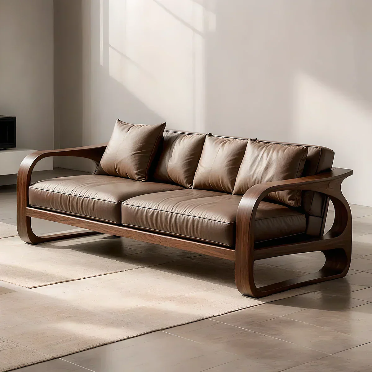 Solid Wood Sofa – Modern Leather Elegance - Rustiracraft