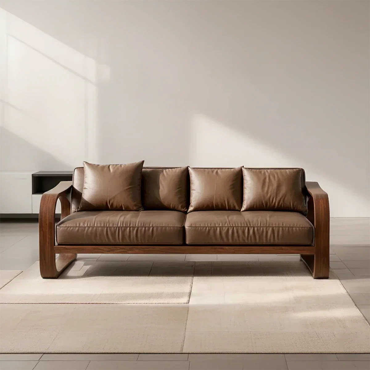 Solid Wood Sofa – Modern Leather Elegance - Rustiracraft