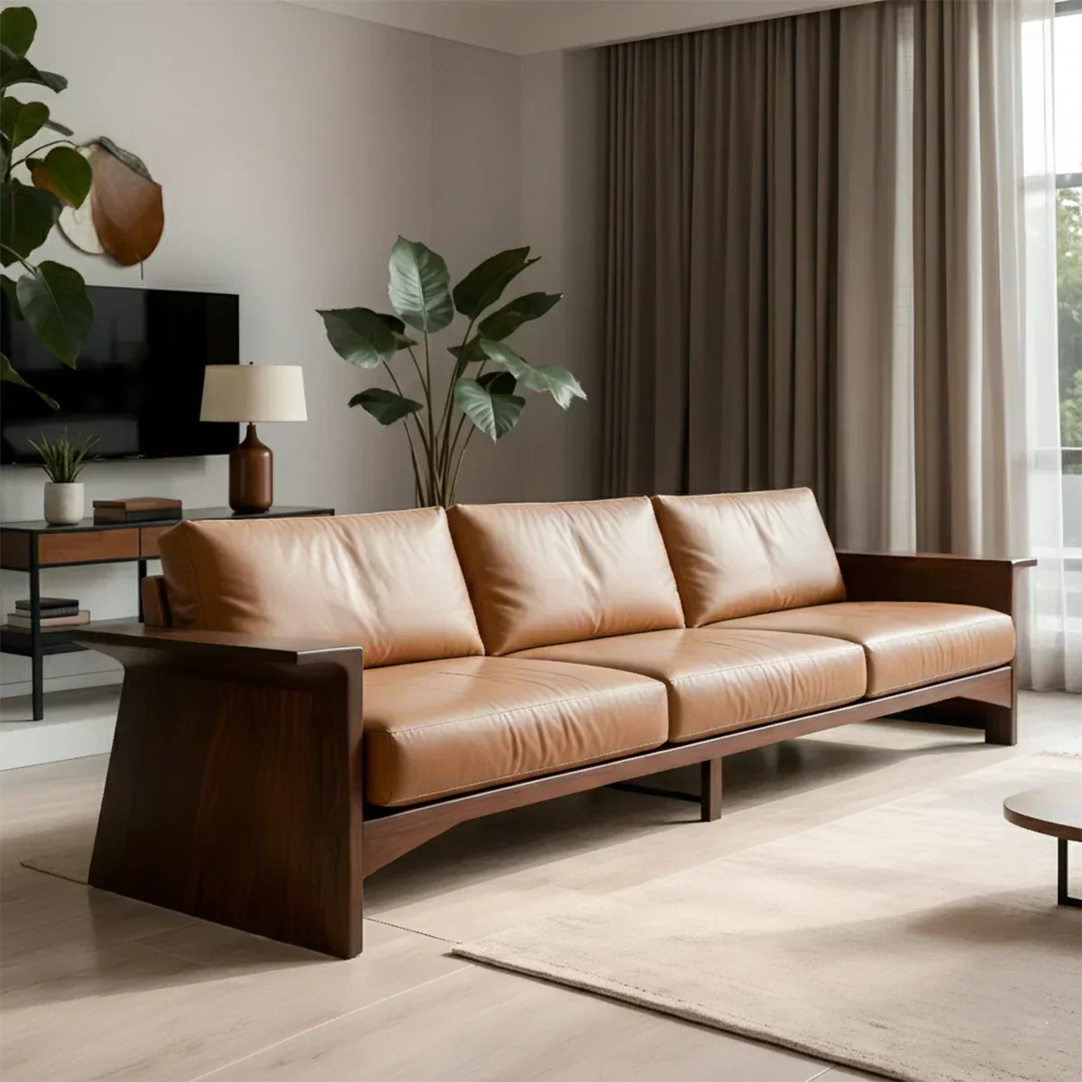 Solid Wood Sofa – Modern Warm Leather Harmony - Rustiracraft