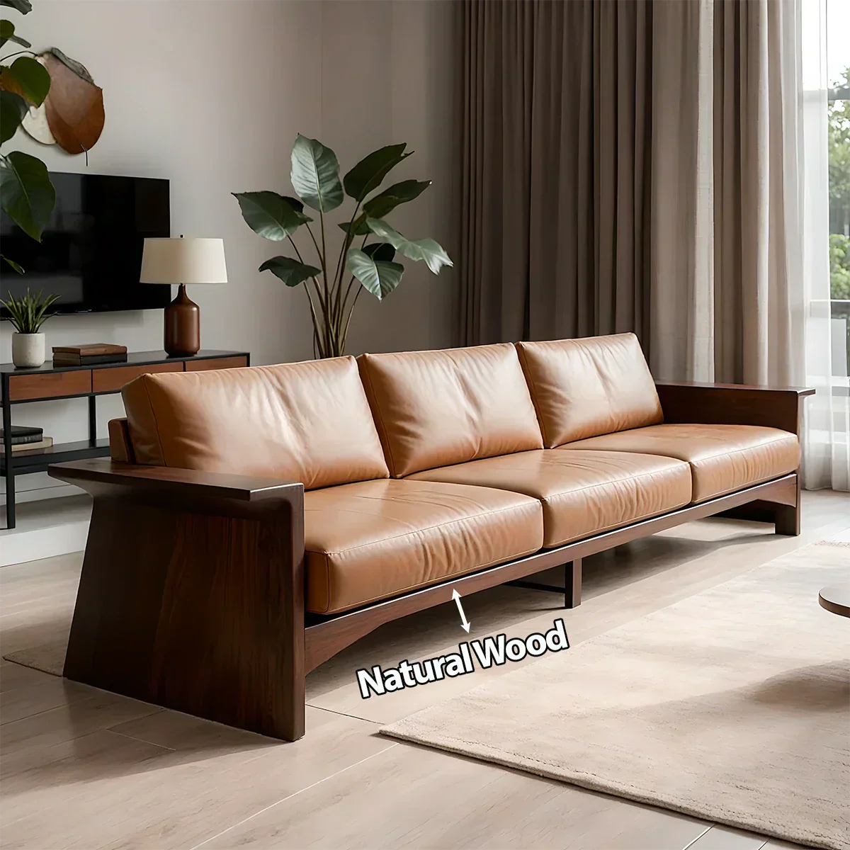 Solid Wood Sofa – Modern Warm Leather Harmony - Rustiracraft
