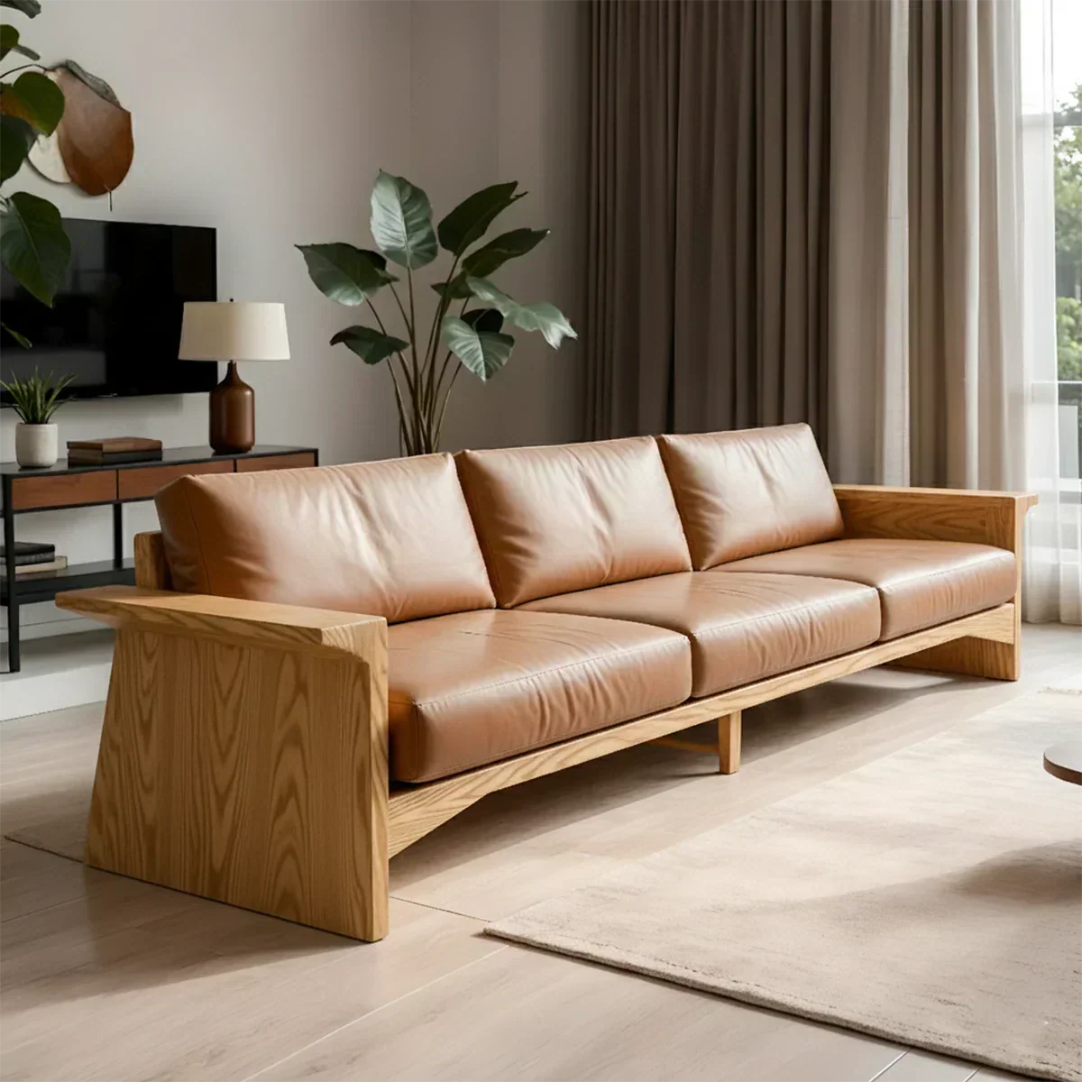 Solid Wood Sofa – Modern Warm Leather Harmony - Rustiracraft