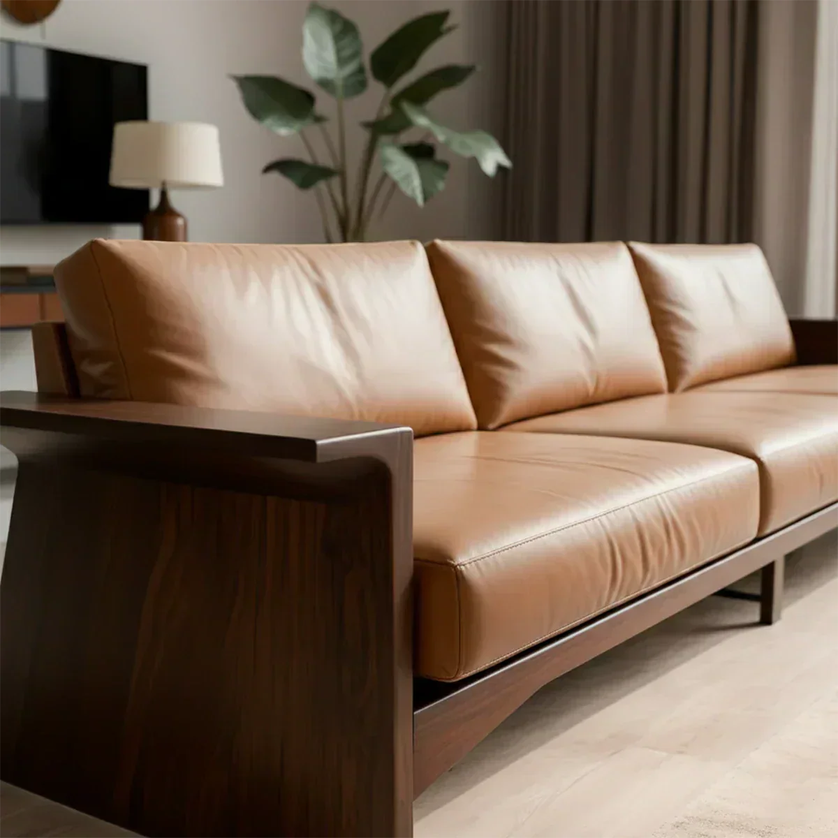 Solid Wood Sofa – Modern Warm Leather Harmony - Rustiracraft