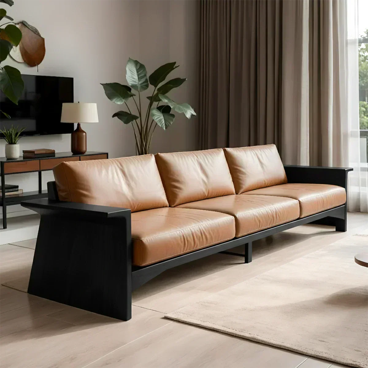 Solid Wood Sofa – Modern Warm Leather Harmony - Rustiracraft
