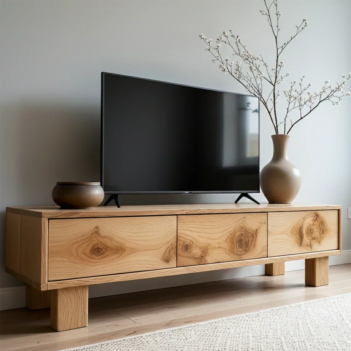 Solid Wood TV Stand – Minimalist Wabi Sabi Media Console with Natural Finish - Rustiracraft