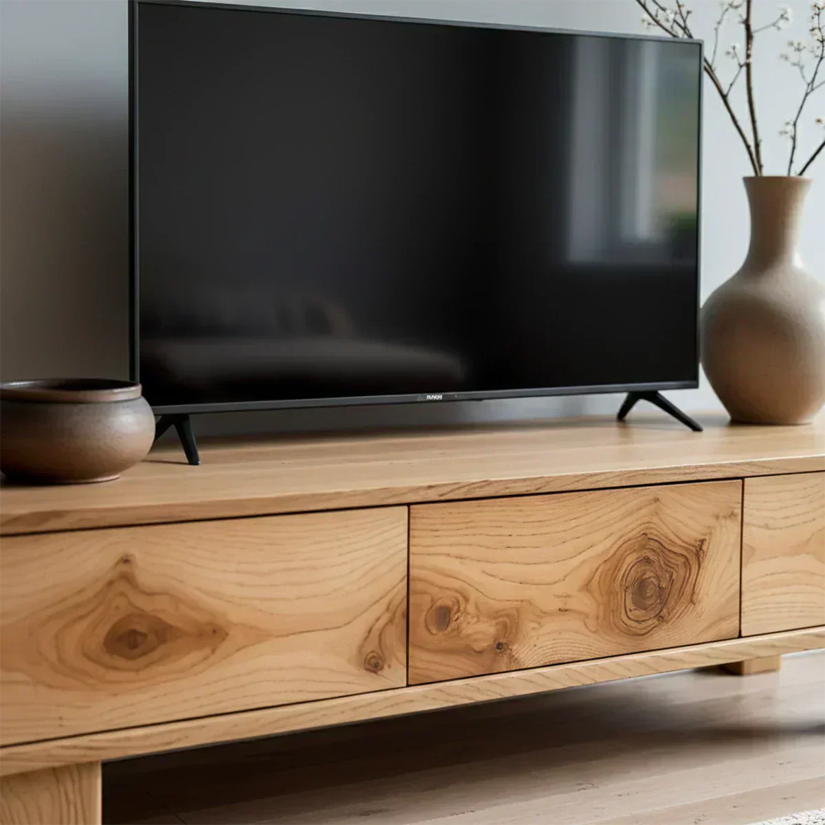 Solid Wood TV Stand – Minimalist Wabi Sabi Media Console with Natural Finish - Rustiracraft