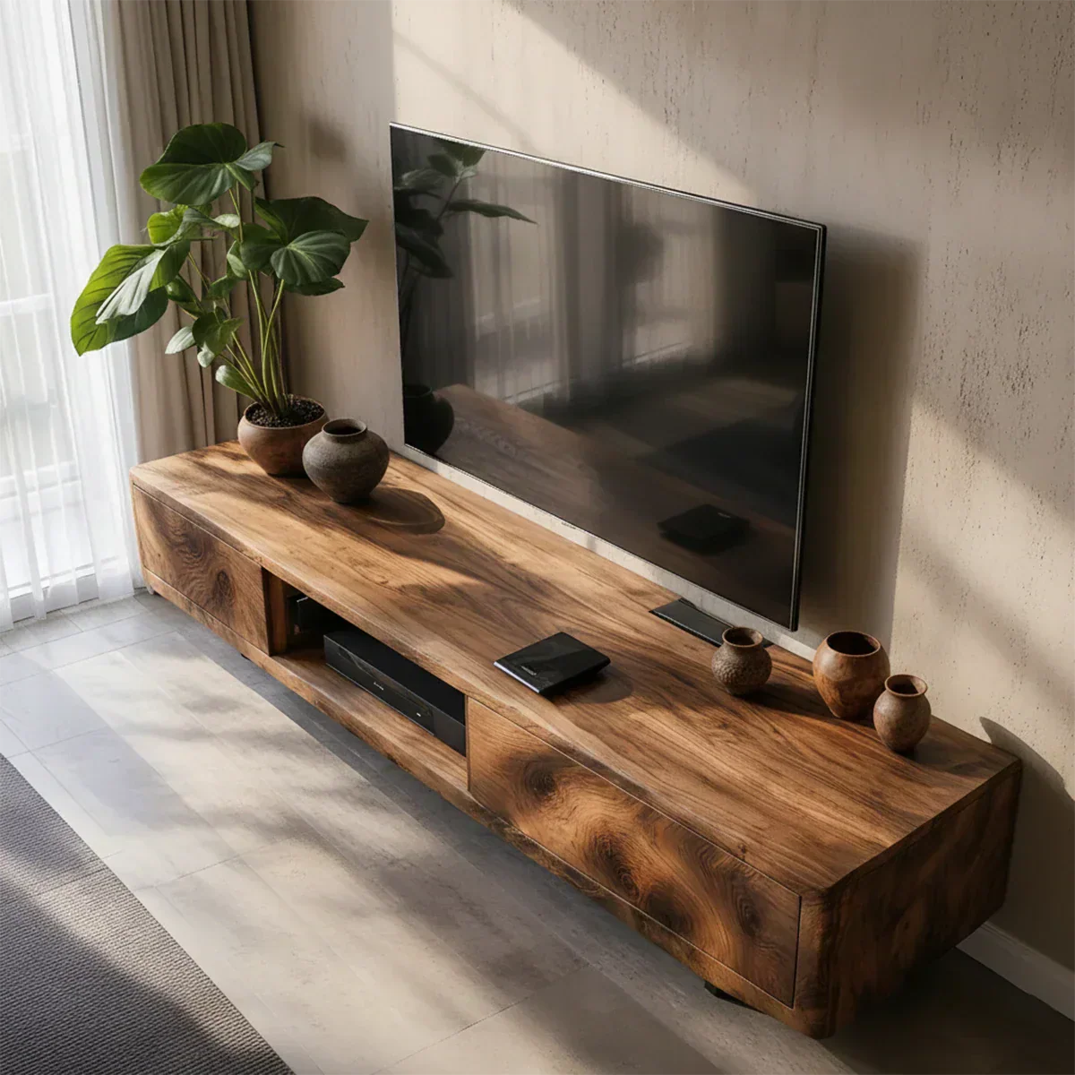 Solid Wood TV Stand – Modern Luxury Grainflow Design - Rustiracraft