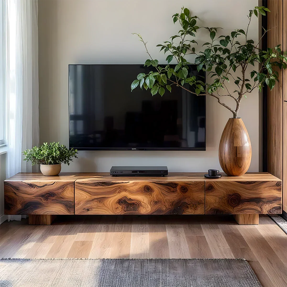 Solid Wood TV Stand – Natural Finish Wabi Sabi Media Console with Deep Grain Texture - Rustiracraft