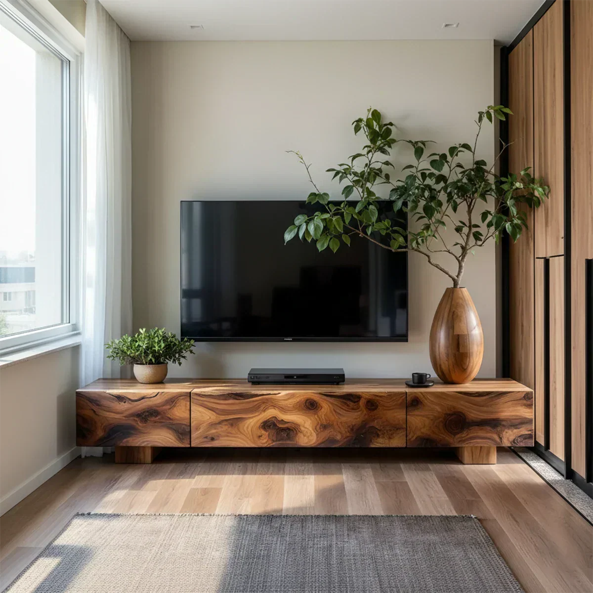 Solid Wood TV Stand – Natural Finish Wabi Sabi Media Console with Deep Grain Texture - Rustiracraft