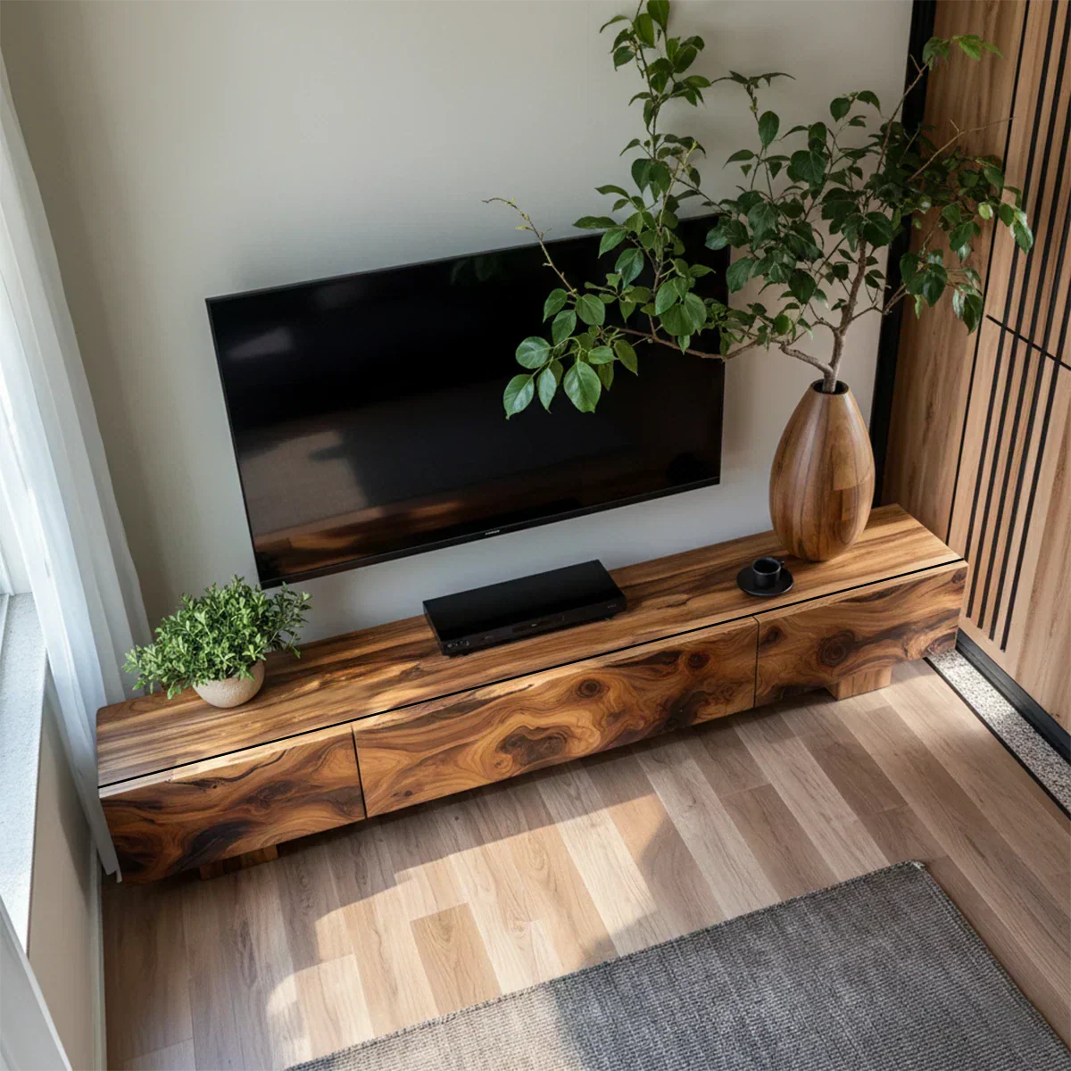 Solid Wood TV Stand – Natural Finish Wabi Sabi Media Console with Deep Grain Texture - Rustiracraft