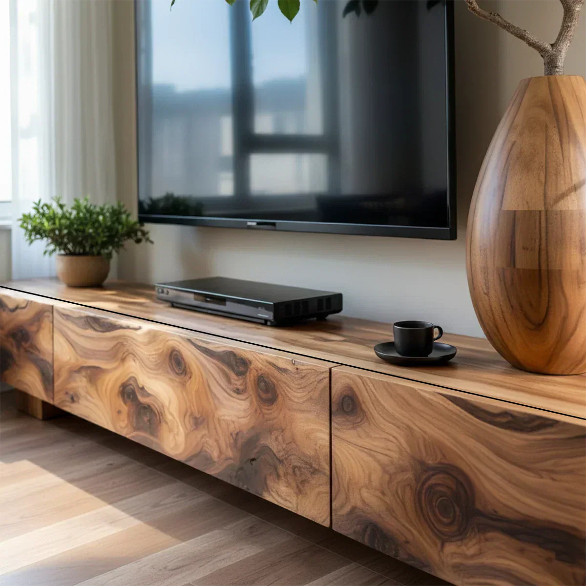 Solid Wood TV Stand – Natural Finish Wabi Sabi Media Console with Deep Grain Texture - Rustiracraft