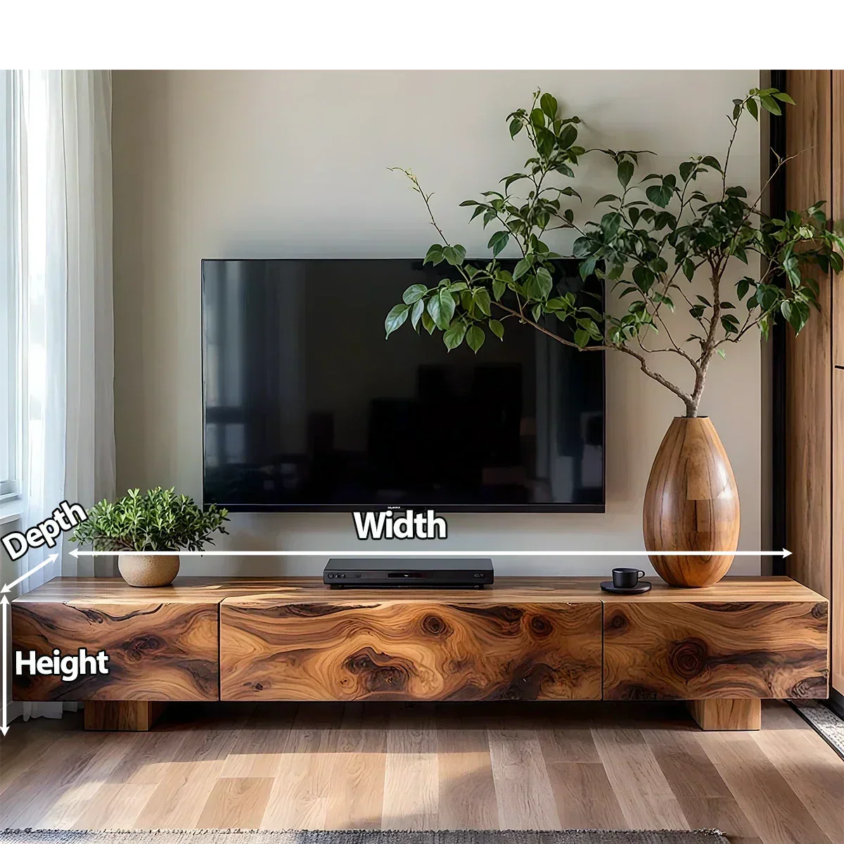 Solid Wood TV Stand – Natural Finish Wabi Sabi Media Console with Deep Grain Texture - Rustiracraft