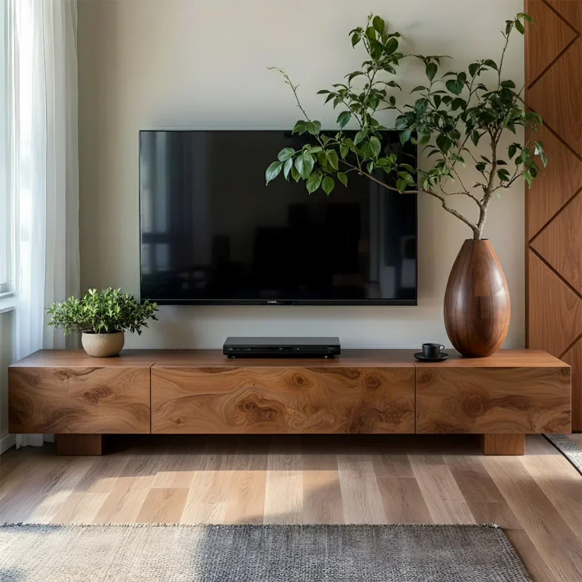 Solid Wood TV Stand – Natural Finish Wabi Sabi Media Console with Deep Grain Texture - Rustiracraft