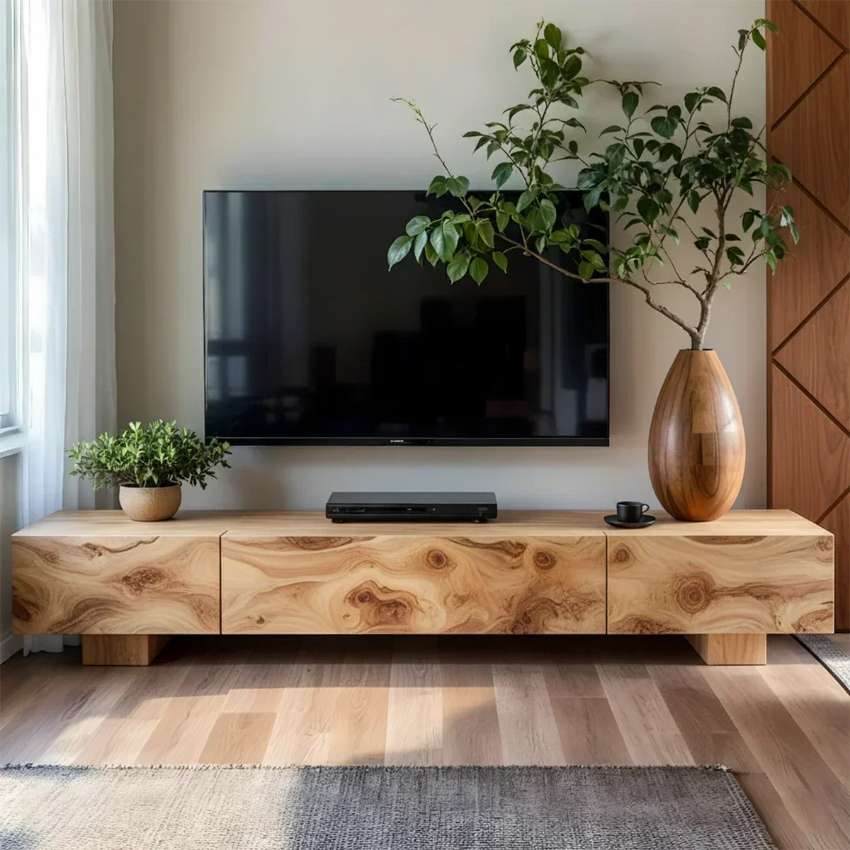 Solid Wood TV Stand – Natural Finish Wabi Sabi Media Console with Deep Grain Texture - Rustiracraft