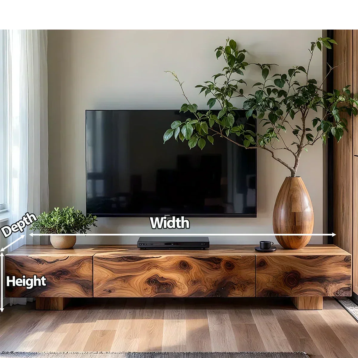 Solid Wood TV Stand – Natural Finish Wabi Sabi Media Console with Deep Grain Texture - Rustiracraft