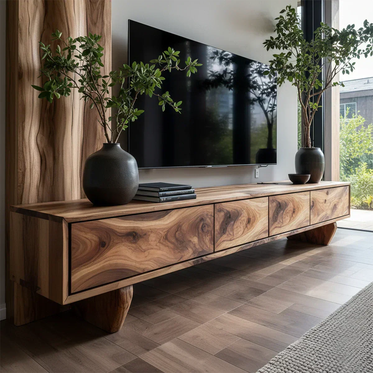 Solid Wood TV Stand – Wabi Sabi Media Console with Deep Natural Grain - Rustiracraft