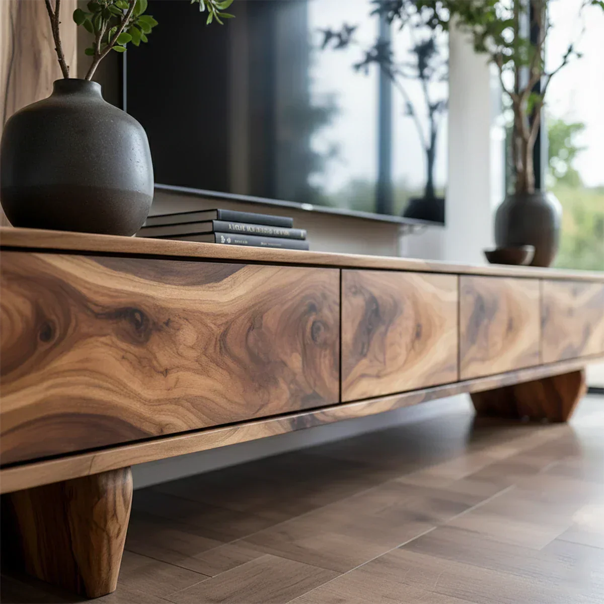 Solid Wood TV Stand – Wabi Sabi Media Console with Deep Natural Grain - Rustiracraft