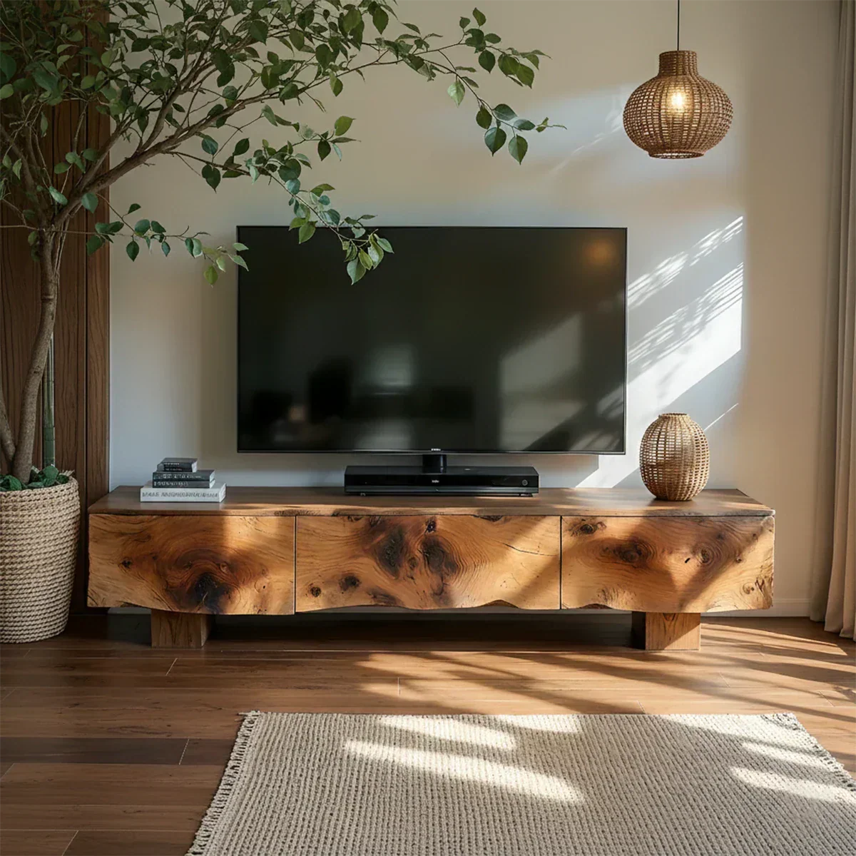 Solid Wood TV Stand – Wabi Sabi Media Console with Knotted Grain - Rustiracraft