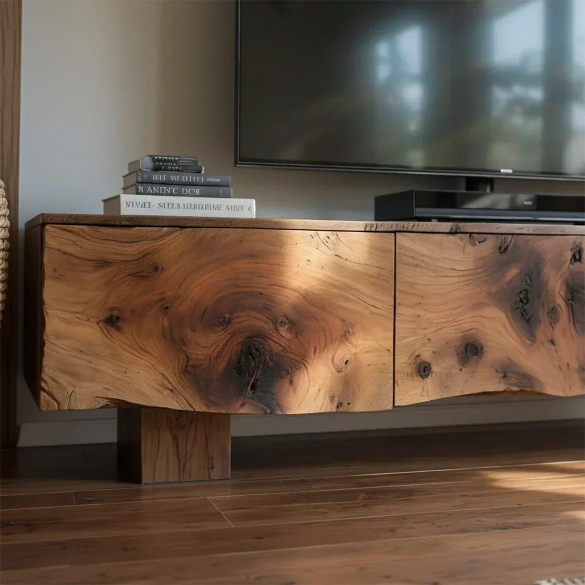 Solid Wood TV Stand – Wabi Sabi Media Console with Knotted Grain - Rustiracraft