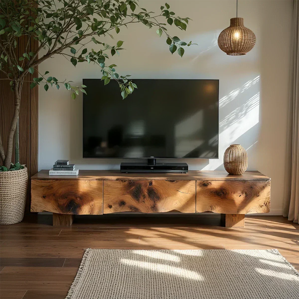 Solid Wood TV Stand – Wabi Sabi Media Console with Knotted Grain - Rustiracraft