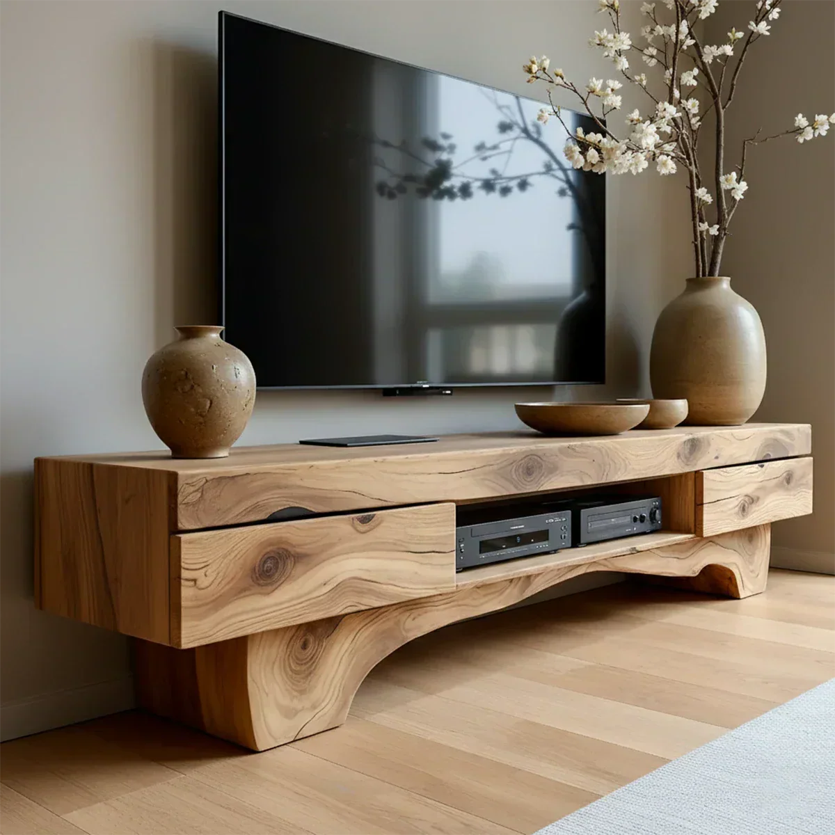 Solid Wood TV Stand – Wabi Sabi Media Console with Natural Finish & Handcrafted Details - Rustiracraft